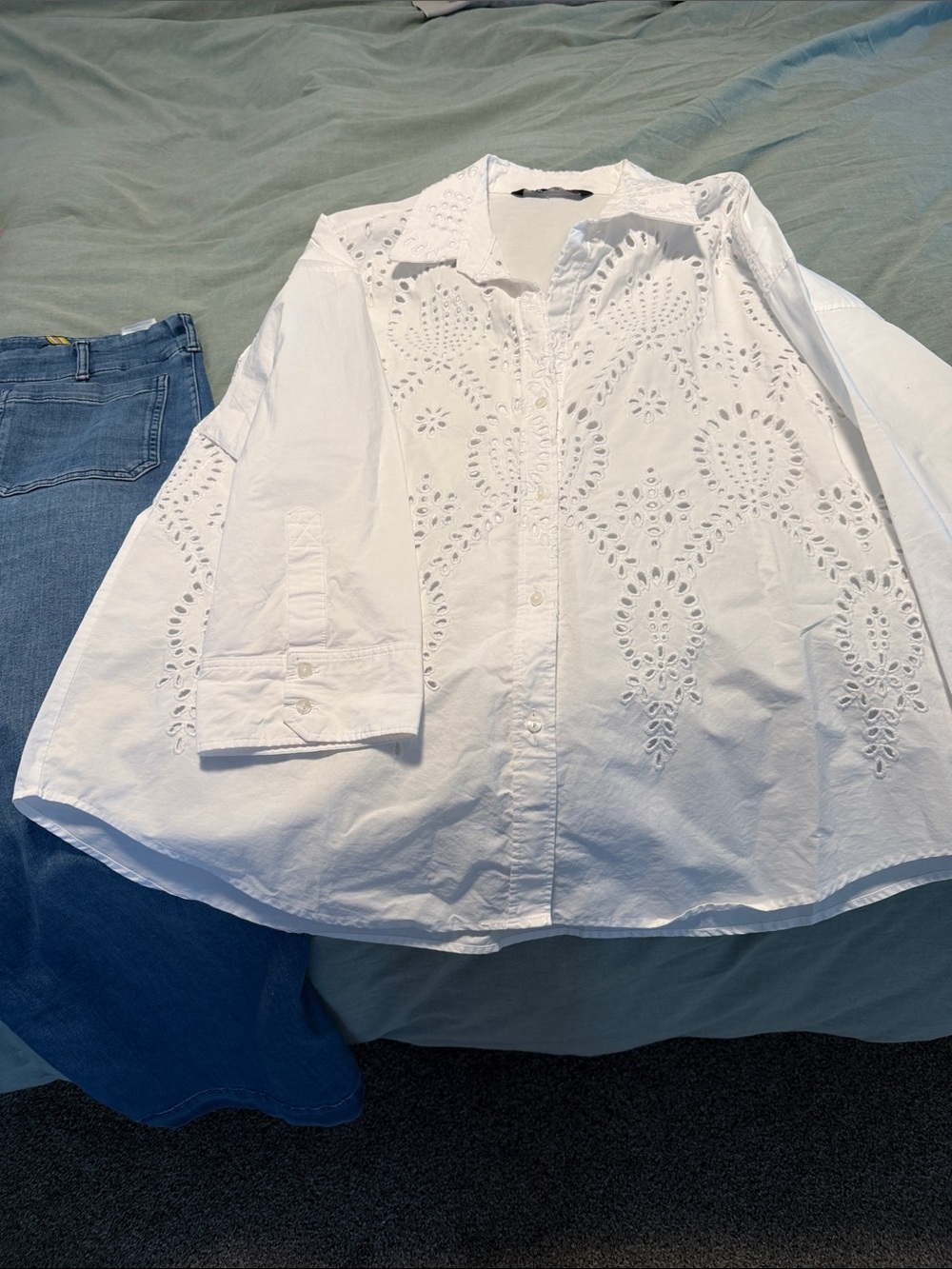 Zara White Eyelet Lace Button-Down Shirt